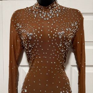 Elegant Brown Rhinestone Embellished Mesh Unitard